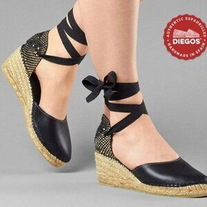 DIEGOS Lola Lace-Up Ribbons Rope Sole & Leather Handcrafted Black Espadrilles 39